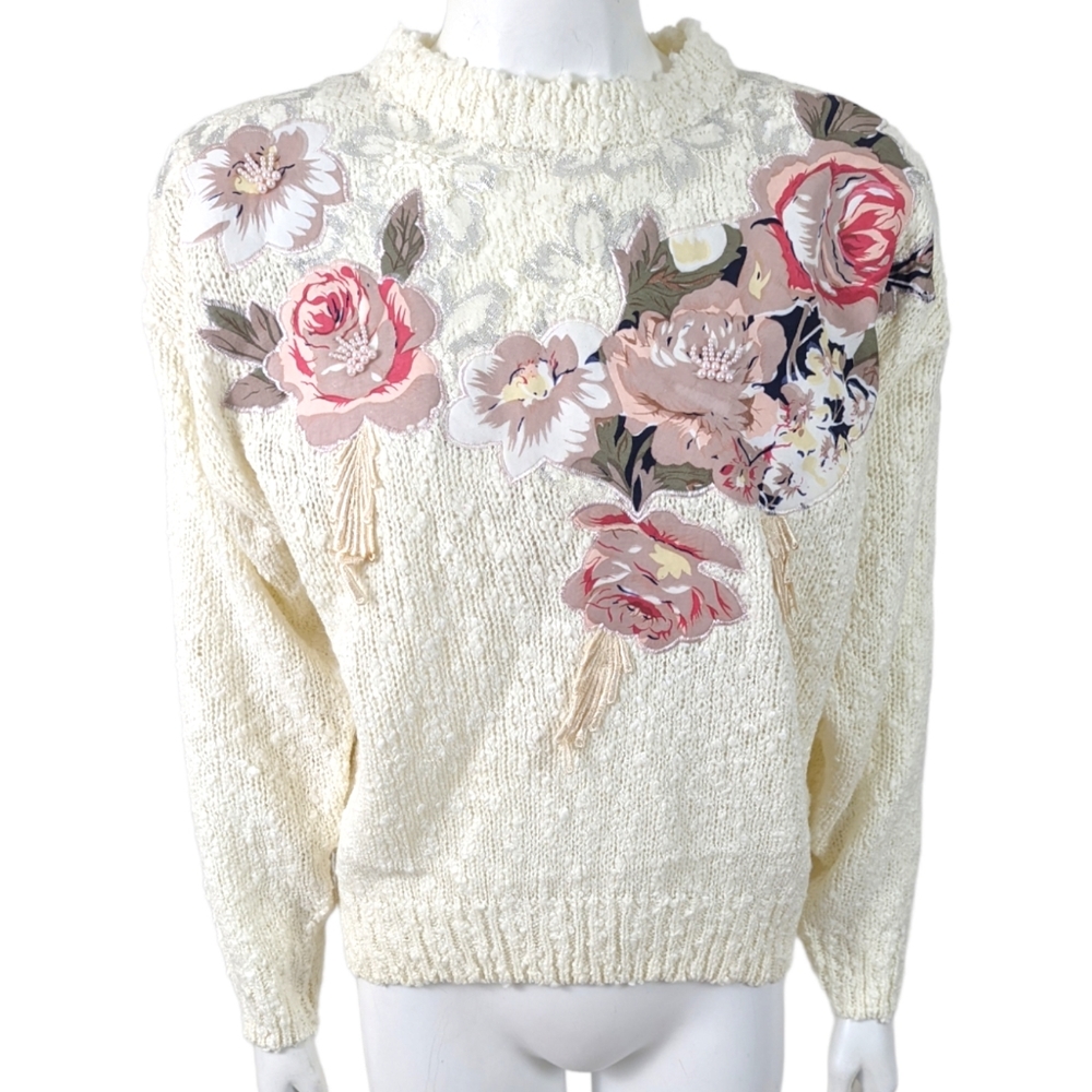 Vintage 80s Boucle Applique Rose Sweater Embellished Fairy Kei Kawaii Sz Large